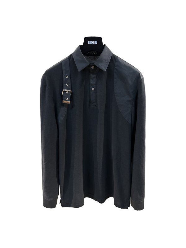Rokkihu Short-Sleeved Classic Black Cotton Shoulder Button Design m West Q Mcqueen Long-Sleeved Top T-Shirt Shirt