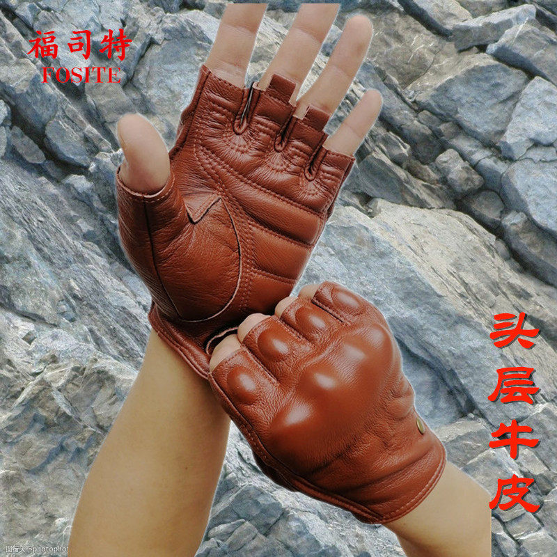 Harelocomotive Bull Leather Summer Halffinger Shock rider brown anti-fall retro waterproof genuine leather riding female gloves