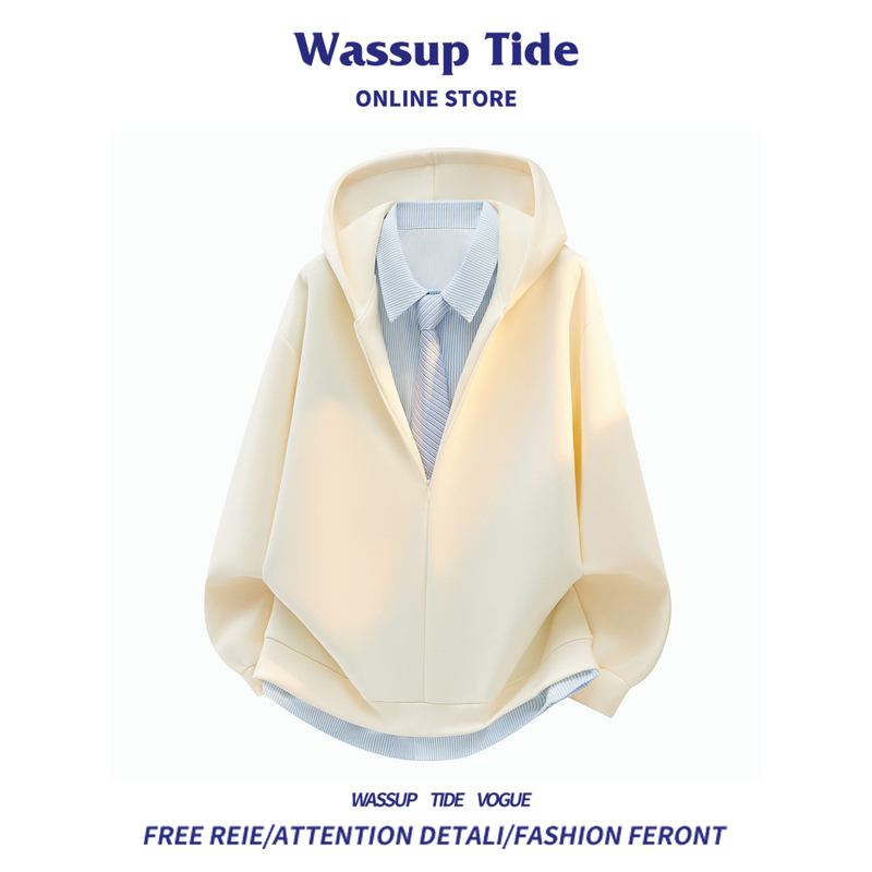 Wassup Tide Shirt Collar Hooded Sweatshirt Men's New Autumn Style Fake Two-Piece Trendy Brand Cool Casual Jacket
