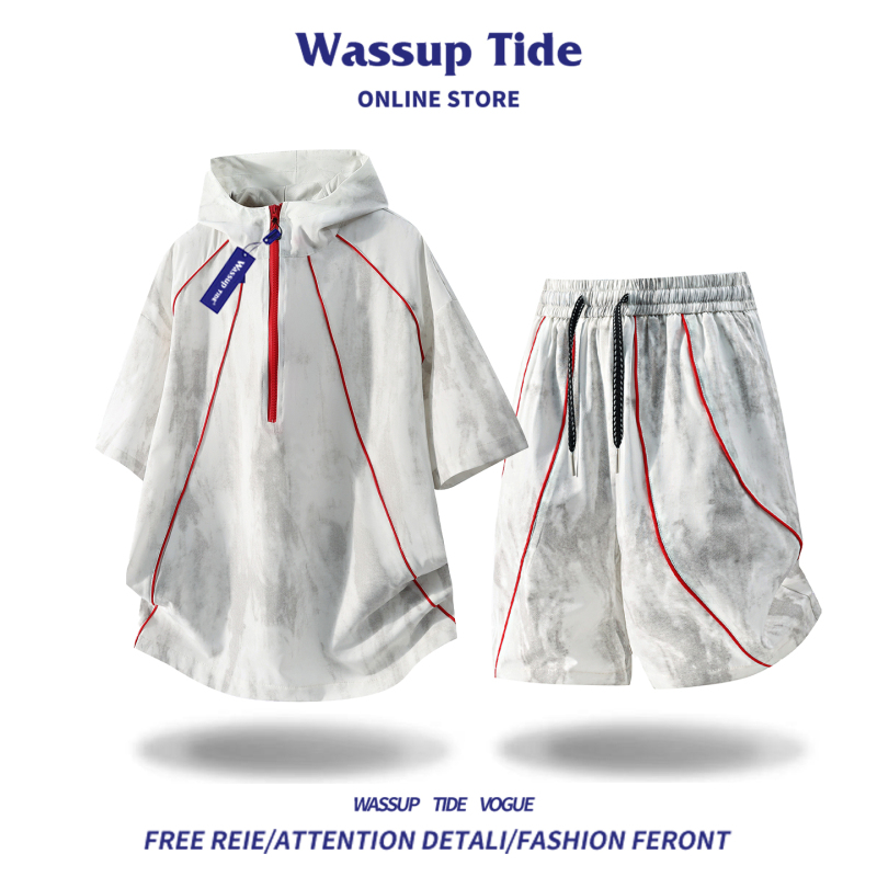 Wassup Tide Summer New Light Luxury Tie-Dye Sports Suit Men's Trendy Half-Zip T-Shirt Casual Two-Piece Set