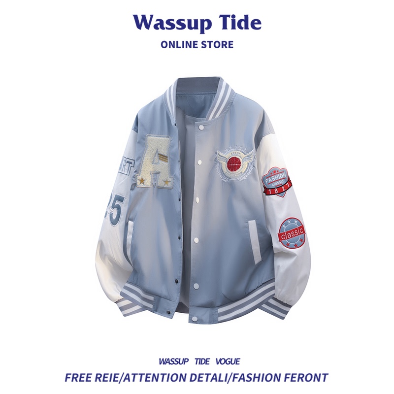 Wassup Tide American-Style Baseball Jacket for Men, Autumn and Winter, Fleece-Lined and Thickened, Couple's Heavy Embroidery Student Jacket