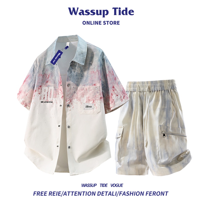 Wassup Tide2026 New Summer Trendy Brand Tie-Dye Suit Men's Casual Loose Top and Shorts Two-Piece Set Wassup Tide2026 New Summer Trendy Brand Tie-Dye Suit Men's Casual Loose Top and Shorts Two-Piece Set