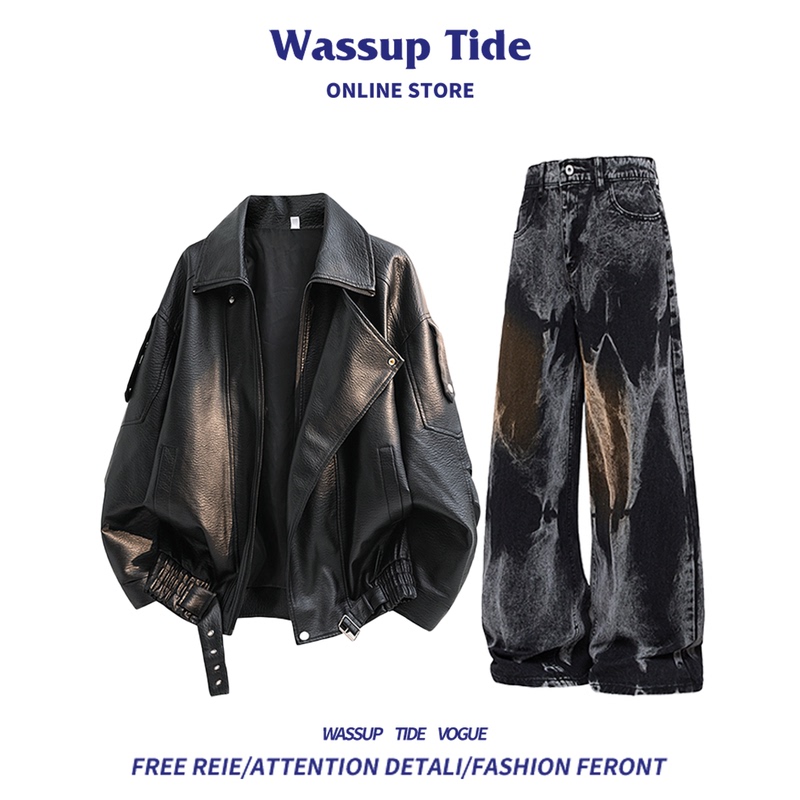 Wassup Tide Autumn Light Luxury Leather Jacket Men's High-Quality American Retro Suit Versatile Motorcycle Jacket