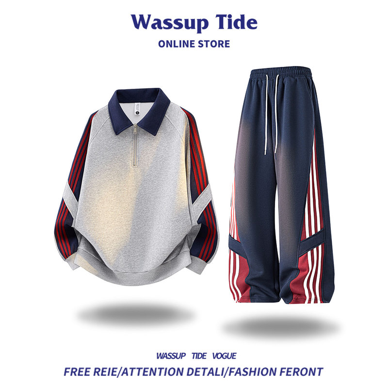 Wassup Tide Trendy Brand Striped Patchwork Color-Block Sweatshirt Set for Men, Autumn Loose Casual Sports Two-Piece Set