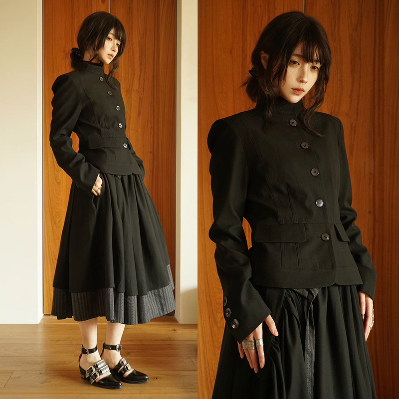 Mimichi Black Stand-Up Collar Slim-Fitting Blazer Short Jacket