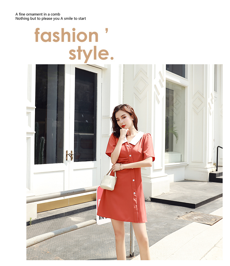 VK旗艦店 韓國學院風時尚素色翻領單排扣氣質短袖洋裝