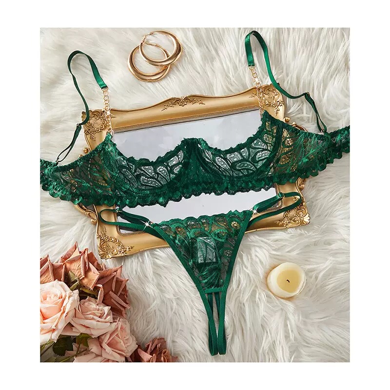 Dark Green Sexy Lace Three-Point Chain Lingerie Set Small Bust 1/4 Cup Hollow Bra Sensual Bra