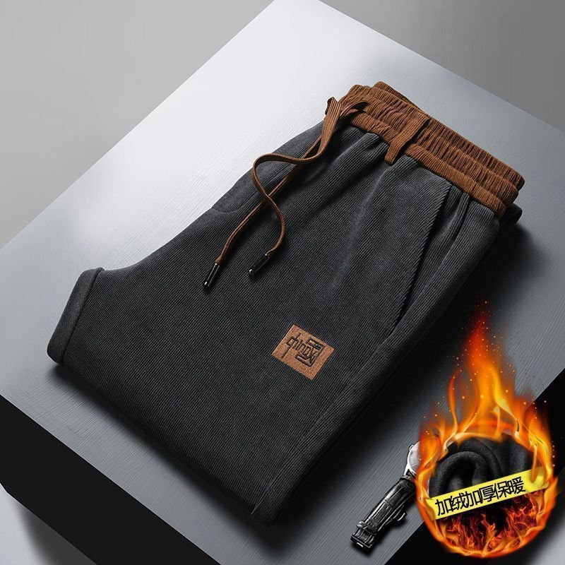 Men's Fleece-Lined Warm Casual Pants for Work, Autumn and Winter Corduroy Thickened Sports Loose Straight-Leg Work Pants