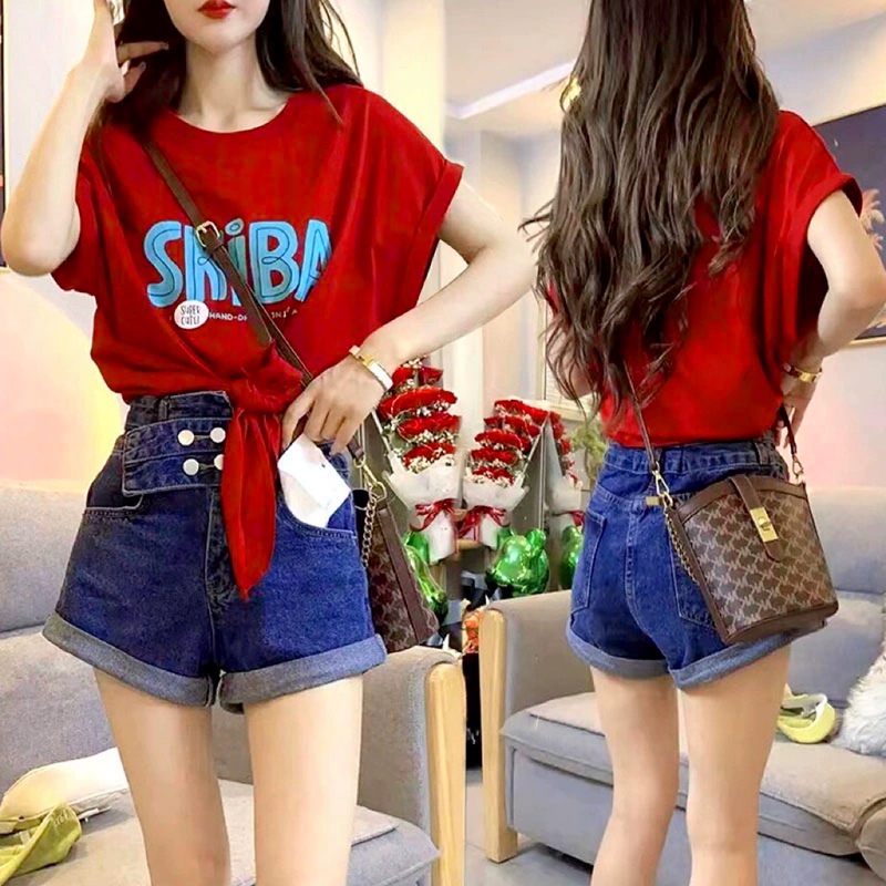 European-Style Korean Letter Print Short-Sleeve T-Shirt for Women, Summer Fashion Raglan Top, Versatile, Slimming, with Tie-Up Hem