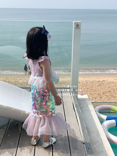 TXXKids Special Xiaoxi Mermaid Princess Dress 2024 New Girls' Sequined Mesh Dress Beach Photo