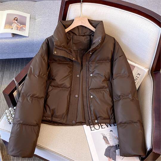 Maillard brown brown no-wash Pu leather down jacket women's short 2025 winter new small stand-up collar thick coat