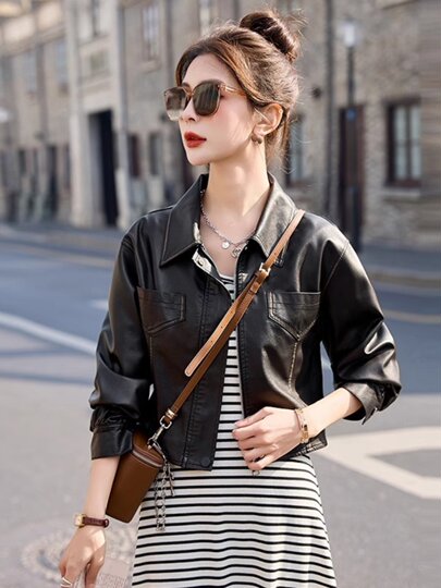 Leather jacket for women 2025 new style Hong Kong style design spring and autumn motorcycle leather jacket small short top