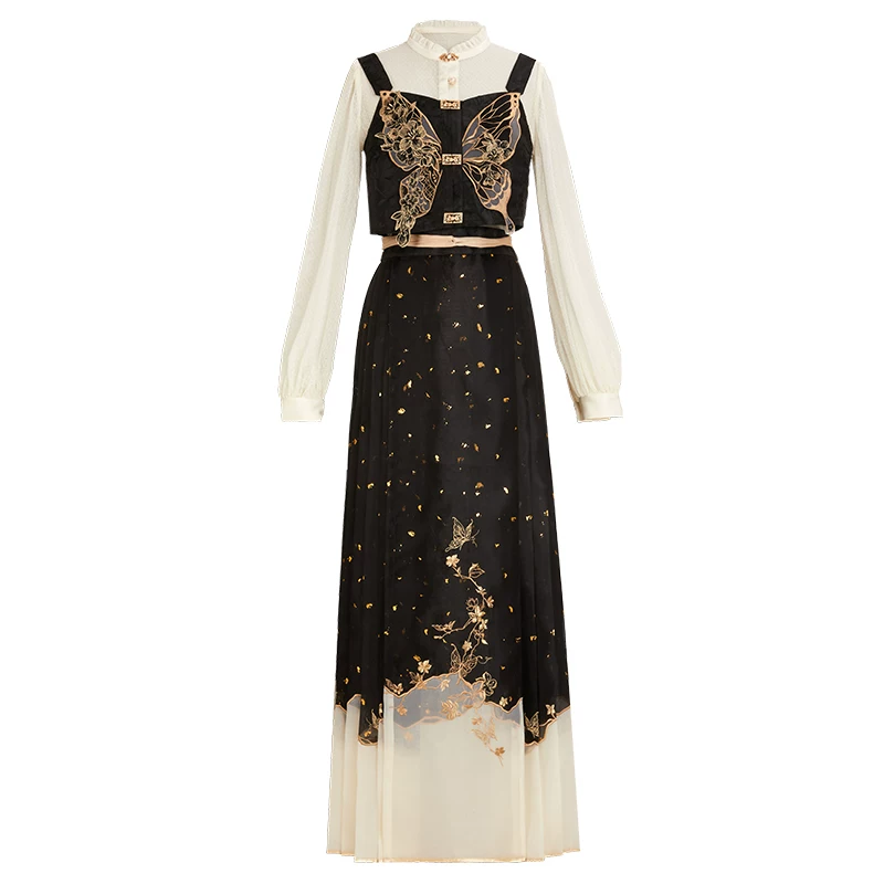 蕴锦 [Golden Butterfly Breaking Dawn] Improved Hanfu with Han elements and clear main waist, vertical collar, double-breasted top, one-piece horse-faced skirt