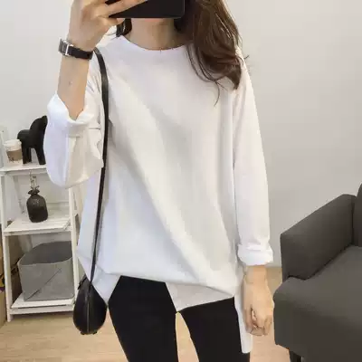 Korean round neck white T-shirt female base Joker loose slim long version side open Fork long sleeve inside base shirt