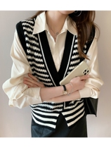 V collar knit waistcoat 2021 autumn winter sleeveless sweater womens sleeve head loose kanshoulder striped waistcoat waistcoat female