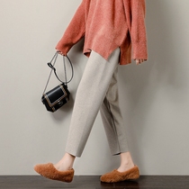 Net red woolen pants women Harlan pants 2021 new spring and autumn small nine plus velvet long beige grandma pants tide