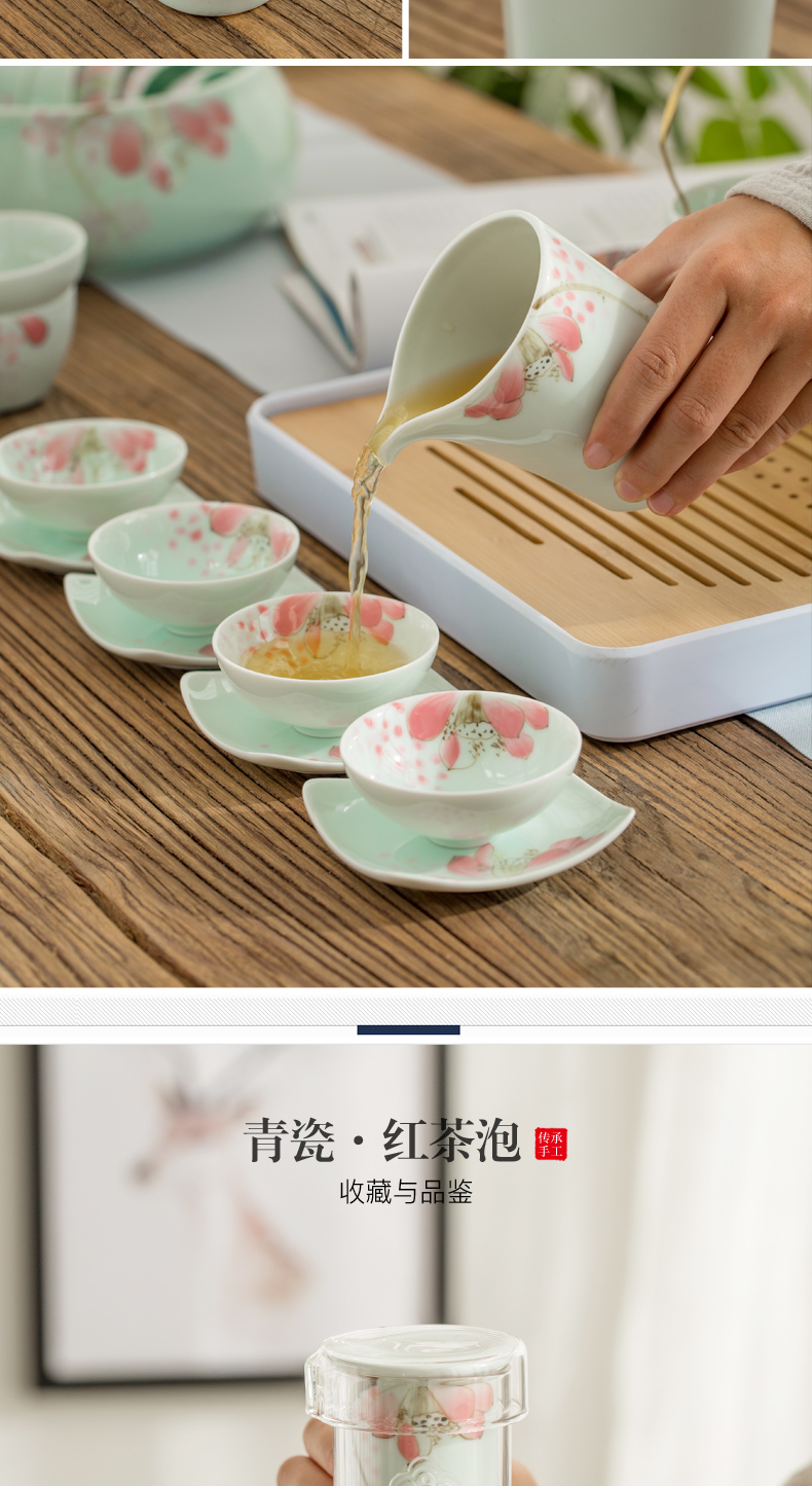 Jingdezhen hand - made celadon kung fu tea set home lotus ceramics suit of a complete set of blue and white porcelain cup teapot