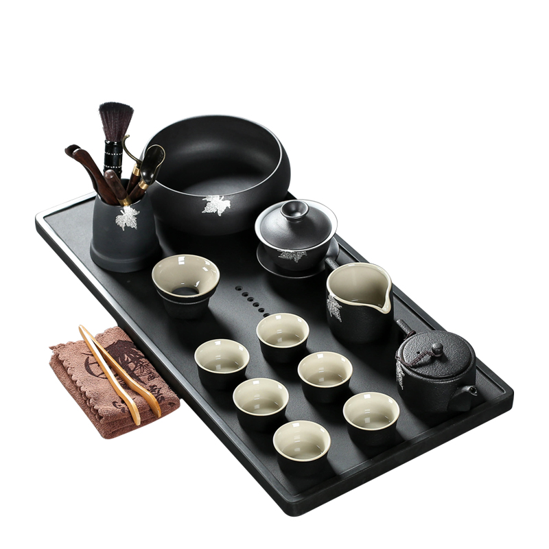 Poly real (sheng ceramic tea set suit household kung fu tea set suit sharply stone solid wood tea tray was I and contracted office