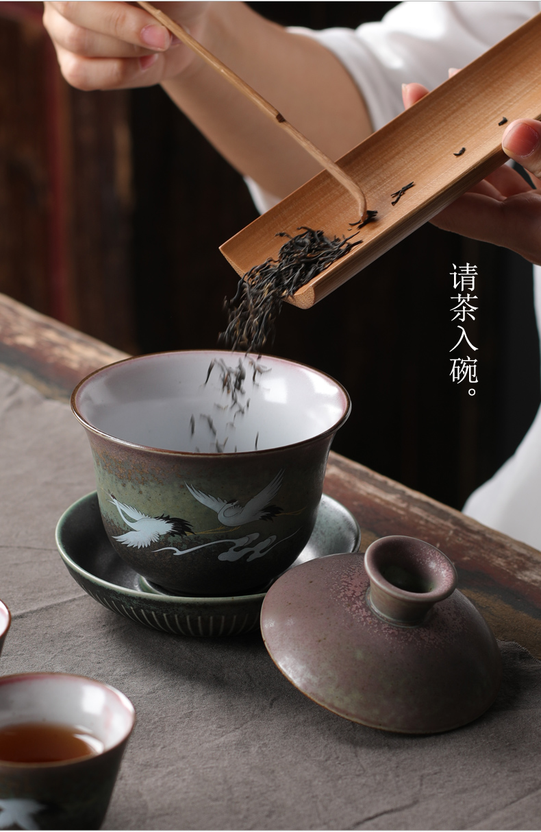 Large capacity as only three tureen Large bowl with Japanese hand - made cranes coarse pottery tea cups kung fu tea set