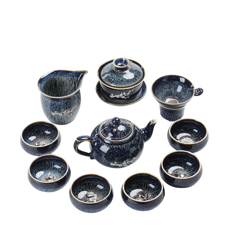 Poly real (sheng building light coppering. As the silver tea set obsidian become kung fu tea red glaze, a complete set of gift ceramic teapot teacup