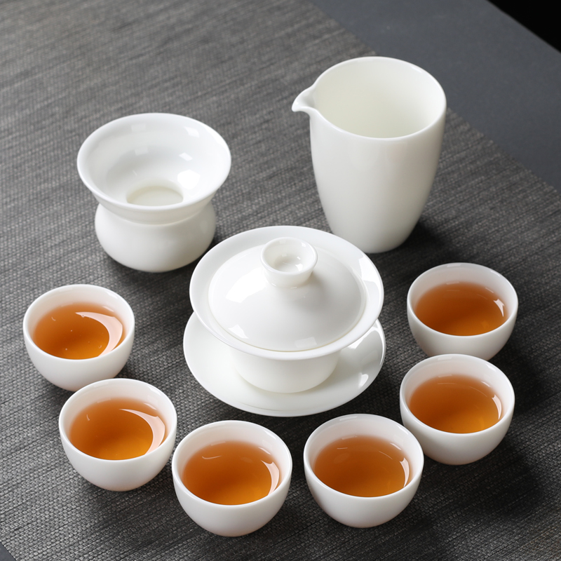 Poly real (sheng suet jade porcelain kung fu tea set tea tray dehua white porcelain tureen teapot teacup contracted household