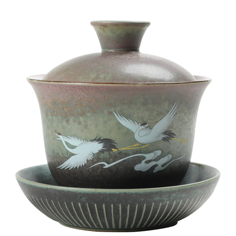 Large capacity as only three tureen Large bowl with Japanese hand - made cranes coarse pottery tea cups kung fu tea set