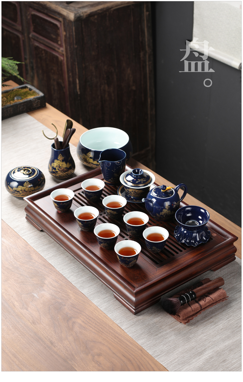 Poly real sheng kung fu tea set ji blue glaze ceramic household teapot tea tureen porcelain cup to ultimately responds a whole set of the teapot