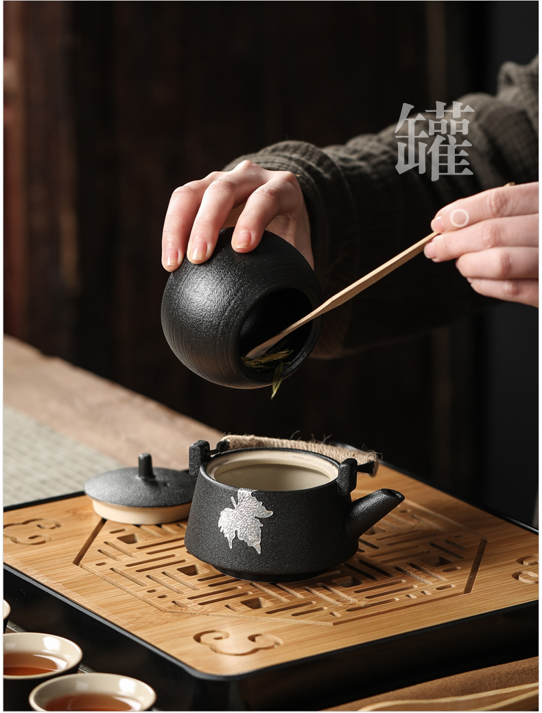 Poly real (sheng Japanese kung fu tea set of black suit household contracted ceramic teapot teacup tea tea tray of a complete set of travel