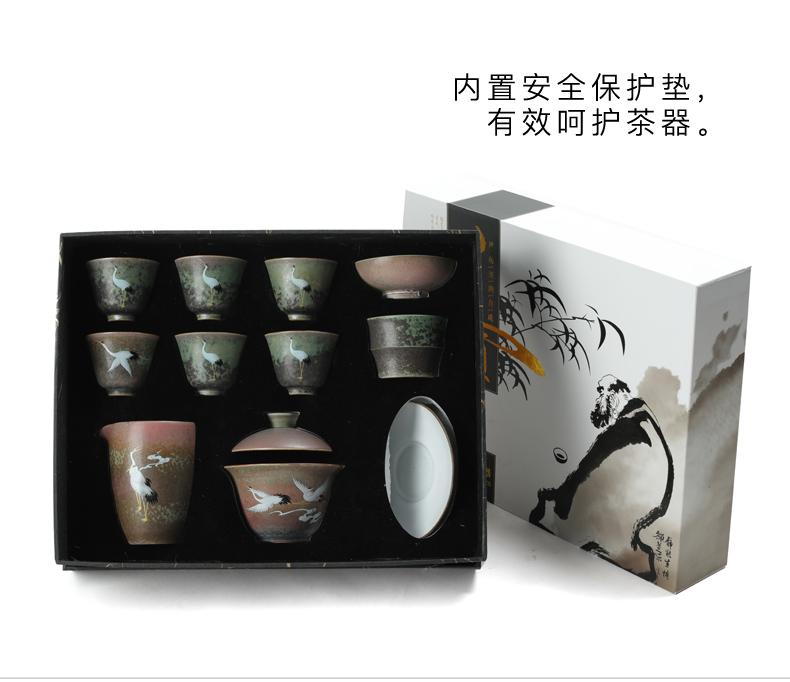 Archaize renewal only three tureen large bowl with a Japanese tea taking hand - made cranes coarse pottery tea cups kung fu tea set