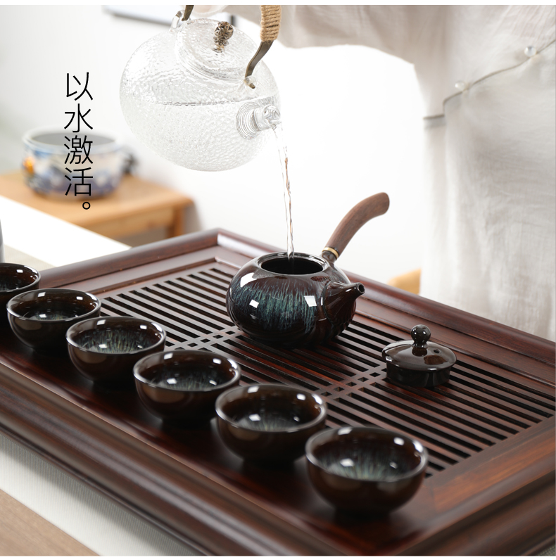 Poly real (sheng building light tea set household temmoku glaze up ceramic teapot teacup tea set of a complete set of kung fu tea tray