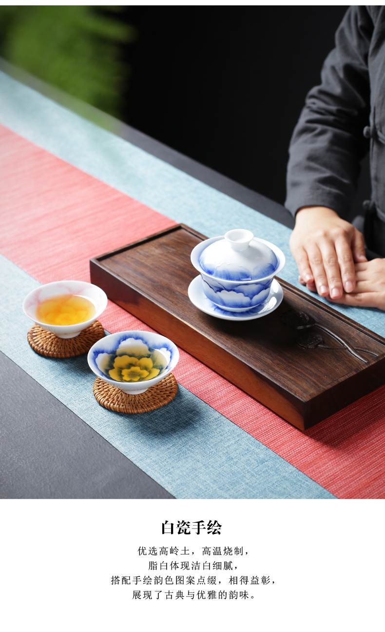 Blue and white hand draw three tureen only protect hot tea tea cup jingdezhen checking ceramic kung fu tea bowl