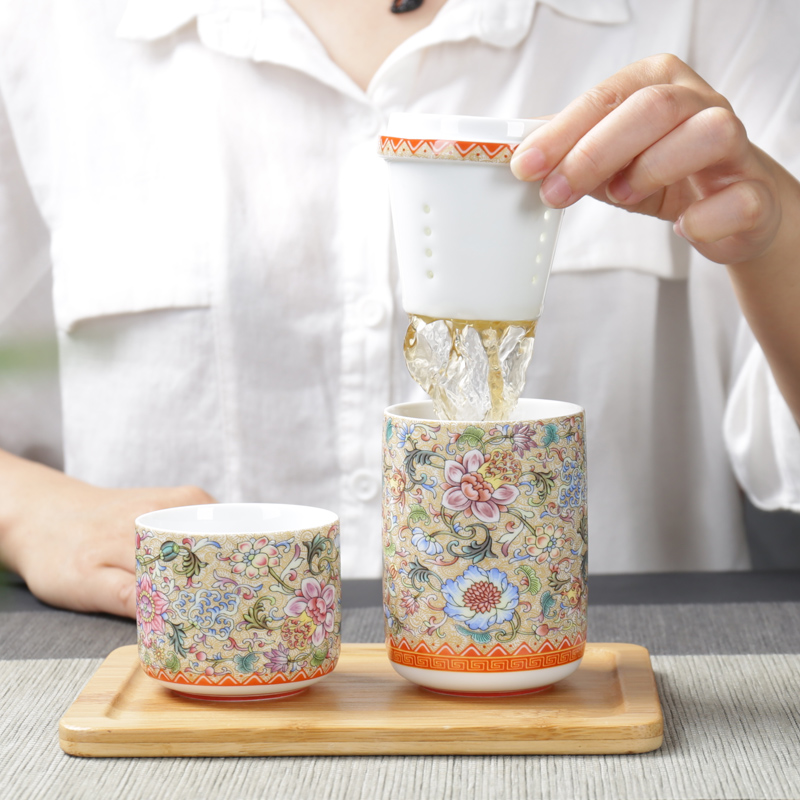 Travel tea set a complete set of colored enamel concentric crack cup outside with a cup of office home portable ceramic cup