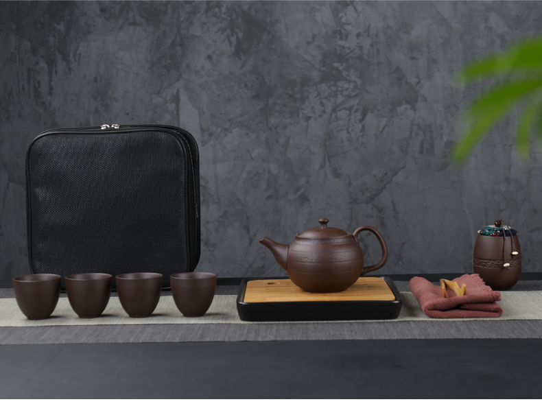 Poly real (sheng large capacity travel purple sand tea set suit portable package household contracted Japanese tea tray is suing a pot of four cups