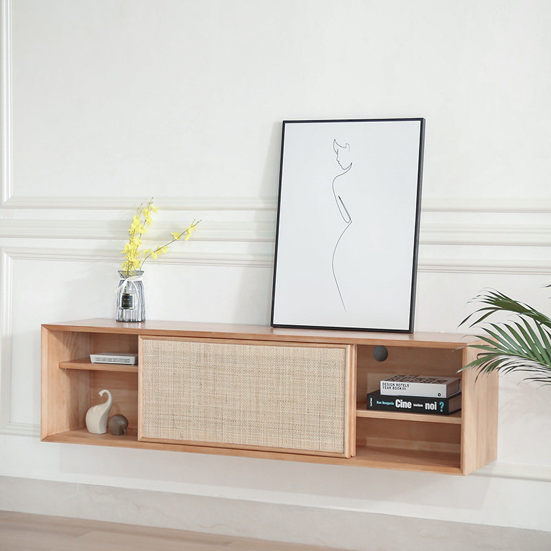 Japanese-style rattan TV cabinet pastoral homestay style creative hanging net red TV cabinet small apartment simple solid wood hanging cabinet