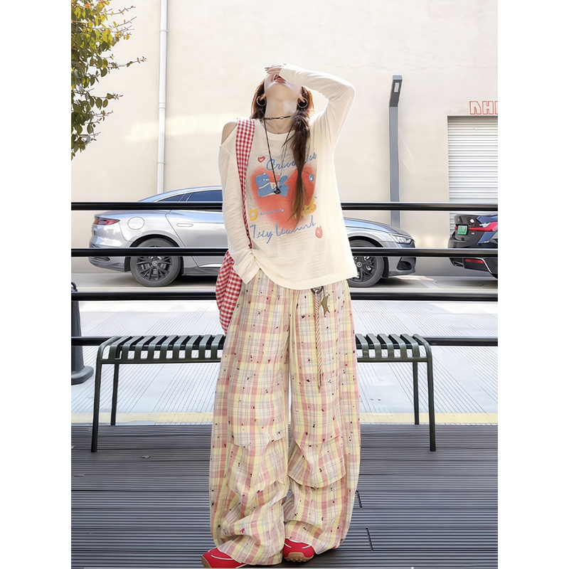 Dopamine-Inspired Stunning Casual Sports Suit for Women, Summer Sun-Protective T-Shirt, Candy-Colored Plaid Wide-Leg Pants Two-Piece Set Trendy