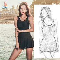  2021 new fashion swimwear womens summer one-piece skirt flat angle conservative belly cover thin hot spring black swimsuit