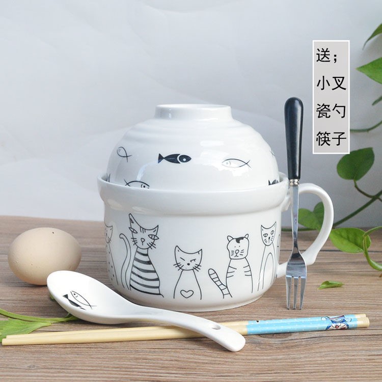The kitchen ceramic terms rainbow such to use Japanese large lovely cartoon cup noodles with cover tableware lunch boxes send to use spoon