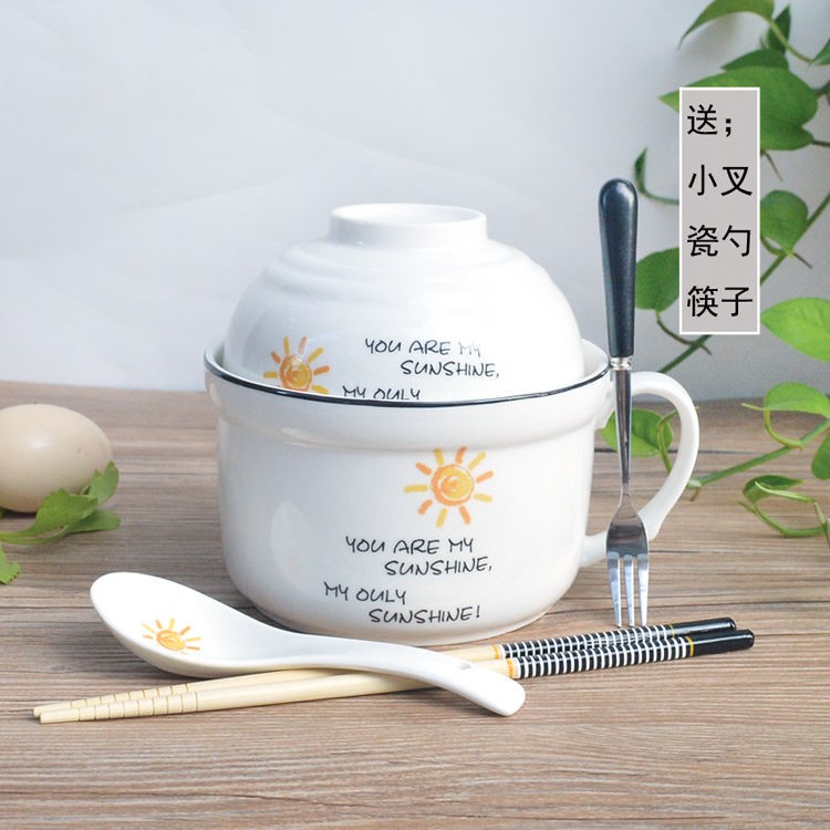 The kitchen ceramic terms rainbow such to use Japanese large lovely cartoon cup noodles with cover tableware lunch boxes send to use spoon