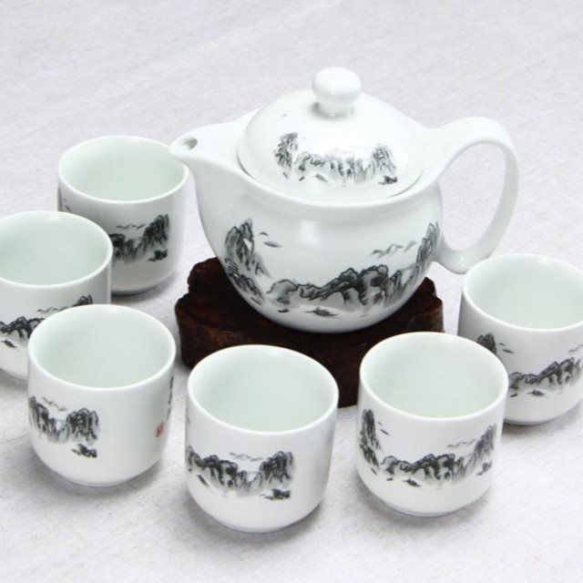 The blue and white porcelain tea set kitchen household kung fu suit six large gift cup teapot contracted logo