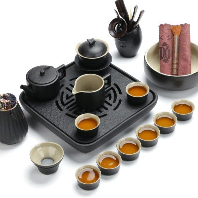 The kitchen together sheng tea set household contracted Japanese kung fu tea set of black ceramic teapot teacup black sharply away The stone