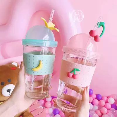 Korean version of the heat-resistant glass transparent girl heart cup with straw accompanying cup Portable drinking cup Cherry juice cup