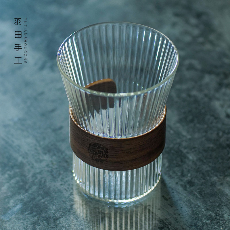 Day Style Creativity New Tea Cup Wood Buckle Anti-Burn Glass Cup Vertical Stripe Texture Hand Thickened Heat Resistant Green Tea Flower Tea Cup