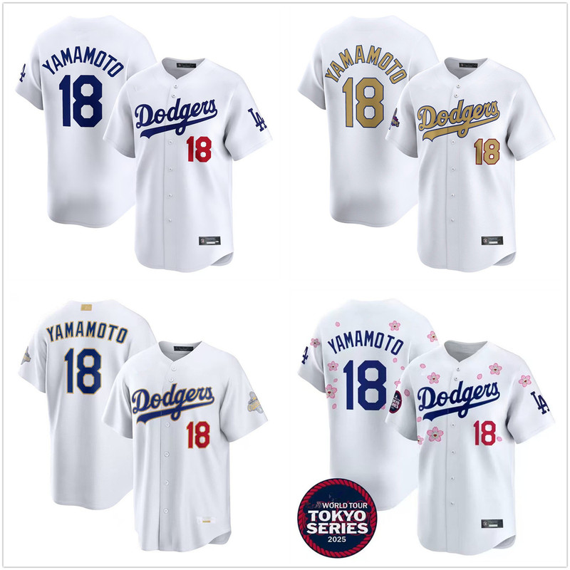 Fully Embroidered Los Angeles Dodgers 18 #   Yamamoto Men's and Women's Baseball Uniforms, Children's Jersey Cardigan Short Sleeves