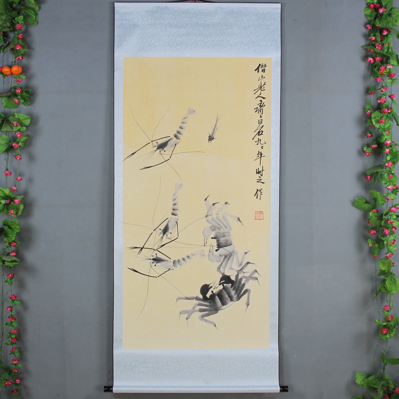 New Chinese style framed calligraphy and calligraphy Chinese rural foyer Imitation Ancient Make old decoration Zhang Daqian shrimp