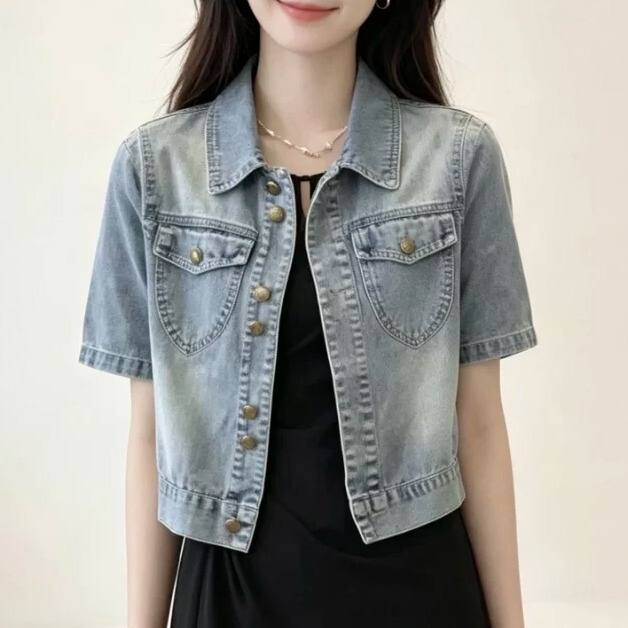 Denim-Style Short-Sleeve Shirt for Women, 2026 Summer New Thin Versatile Slim-Fit Petite Turn-Down Collar Jacket Top Trendy Denim-Style Short-Sleeve Shirt for Women, 2026 Summer New Thin Versatile Slim-Fit Petite Turn-Down Collar Jacket Top Trendy
