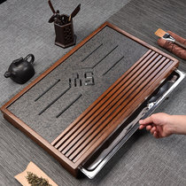 Light luxury modern Wu Jinshi water storage tea tray Household stainless steel drain tray Chicken wing wood ebony solid wood dry bubble table