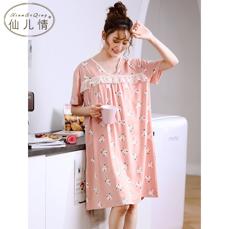 Pajama phụ nữ mùa hè ngắn tay Mordale bông lụa đồ ngủ mùa hè mỏng loose-fitting cỡ lớn nhà váy.