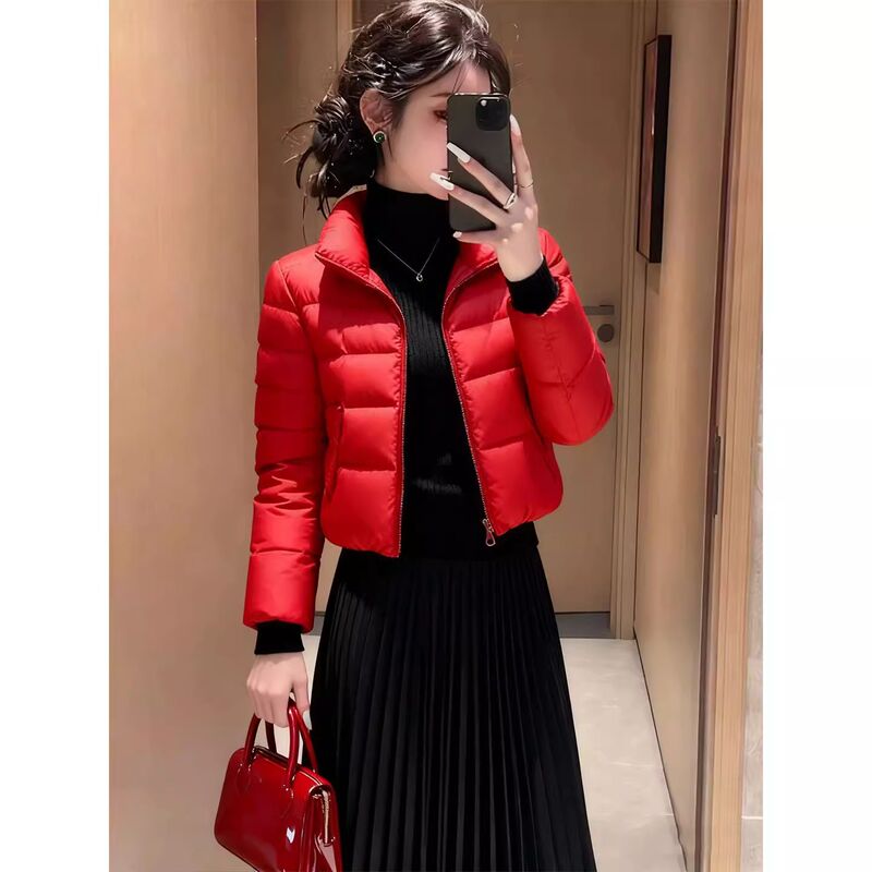 2026 Winter New Red Short down Cotton Jacket for Women, Stand Collar, Slimming, Warm, Slim Fit, Fashionable Cotton Coat for Petite Figures 2026 Winter New Red Short down Cotton Jacket for Women, Stand Collar, Slimming, Warm, Slim Fit, Fashionable Cotton Coat for Petite Figures