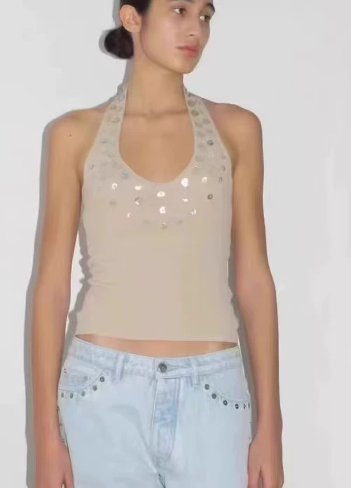 Пайома Вуль Оуянг Нана однообразнаяSequined вязаный топ без рукавов на шнуровке