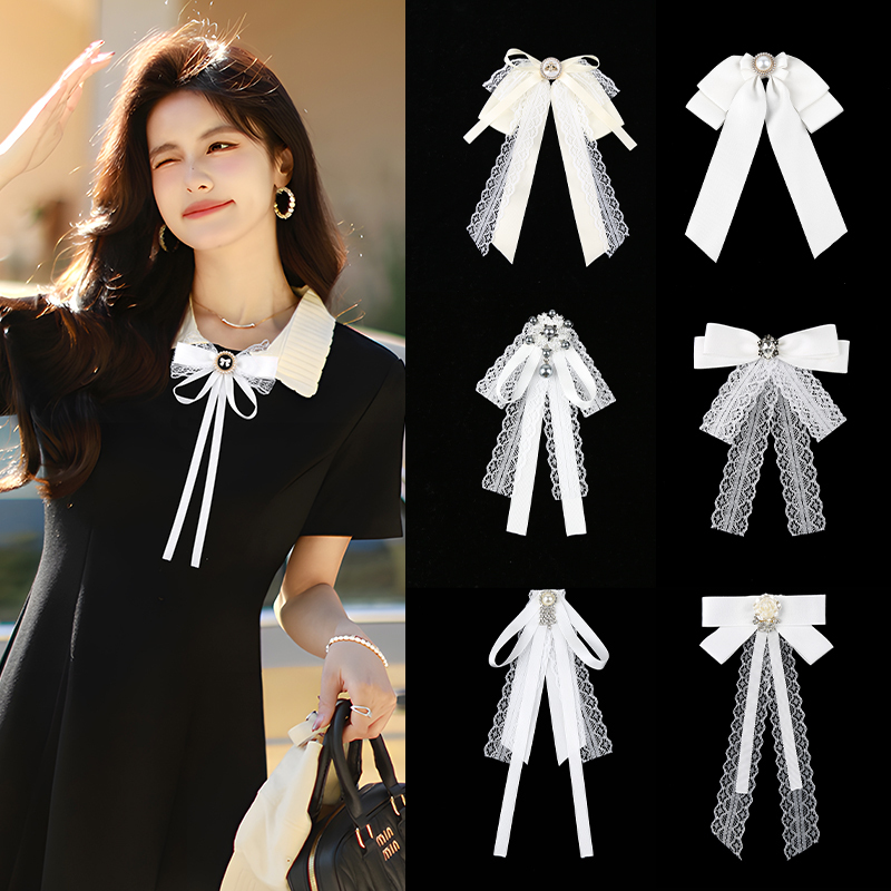 Lace Bow Tie Long Flowing Neck Accessory Korean White Chanel-Style Elegant Neck Flower Preppy Style Decoration